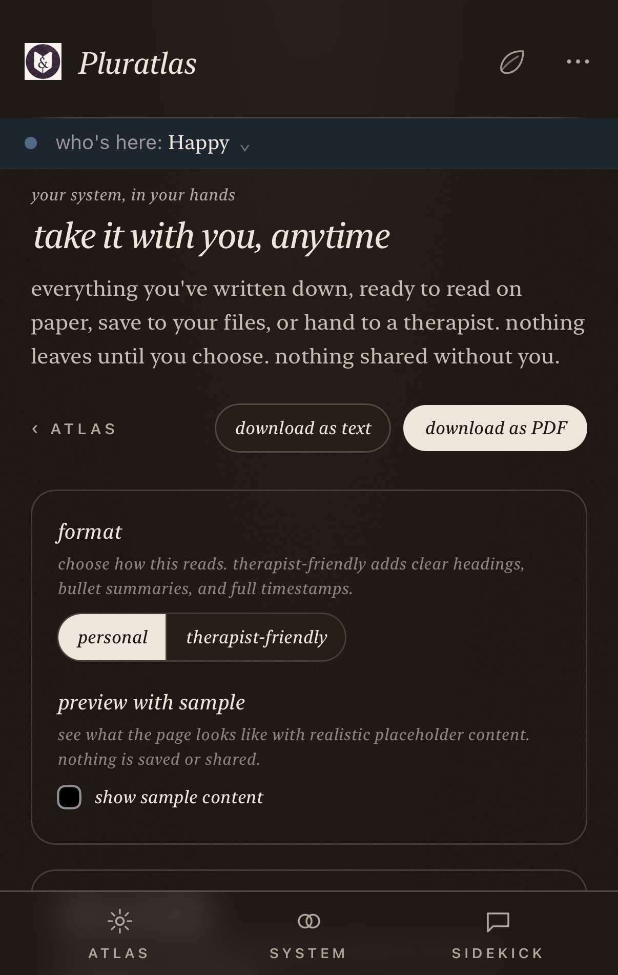The export page with personal and therapist-friendly format options.