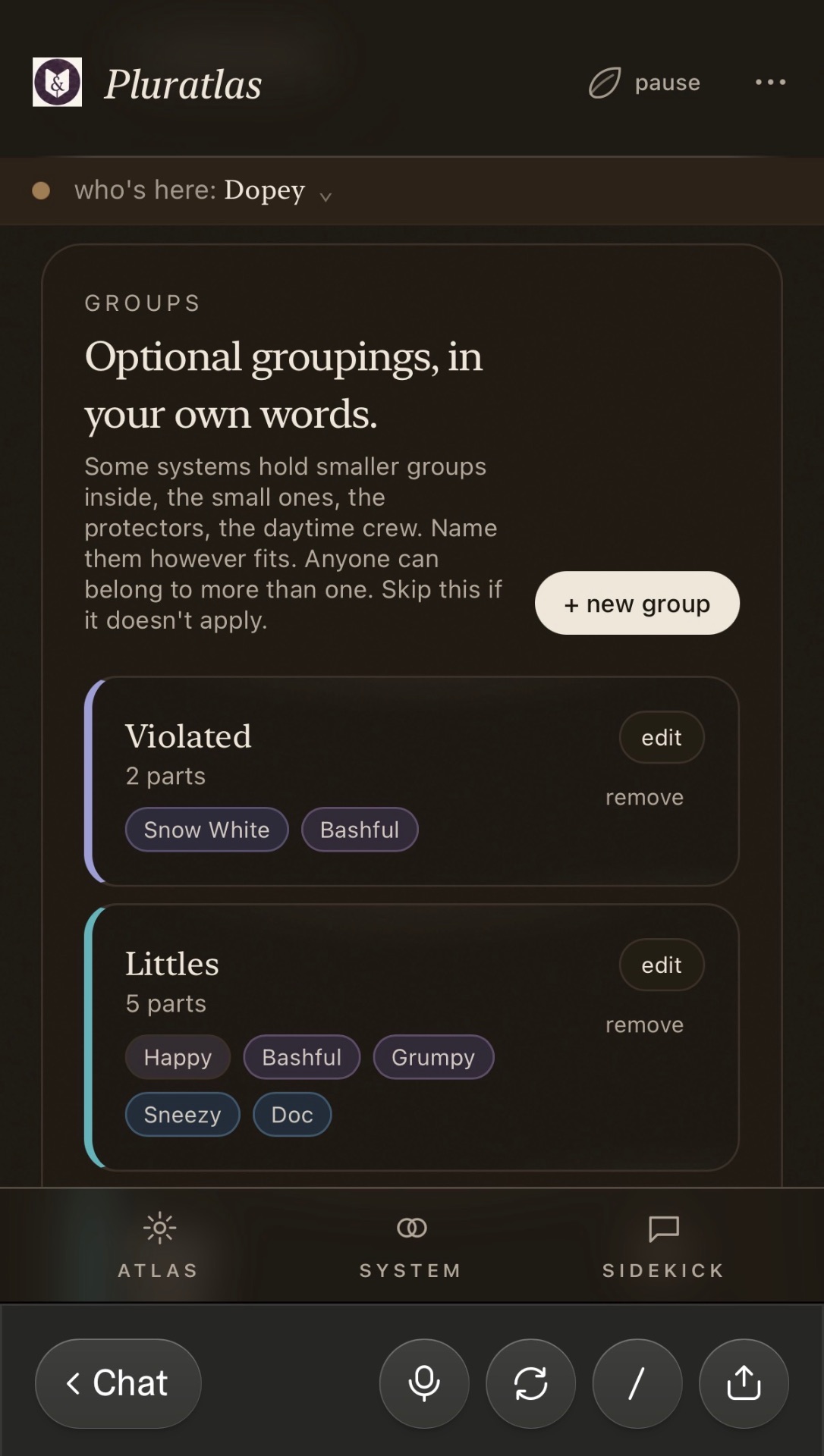 A groups screen with named groupings like Violated and Littles, each holding several parts.