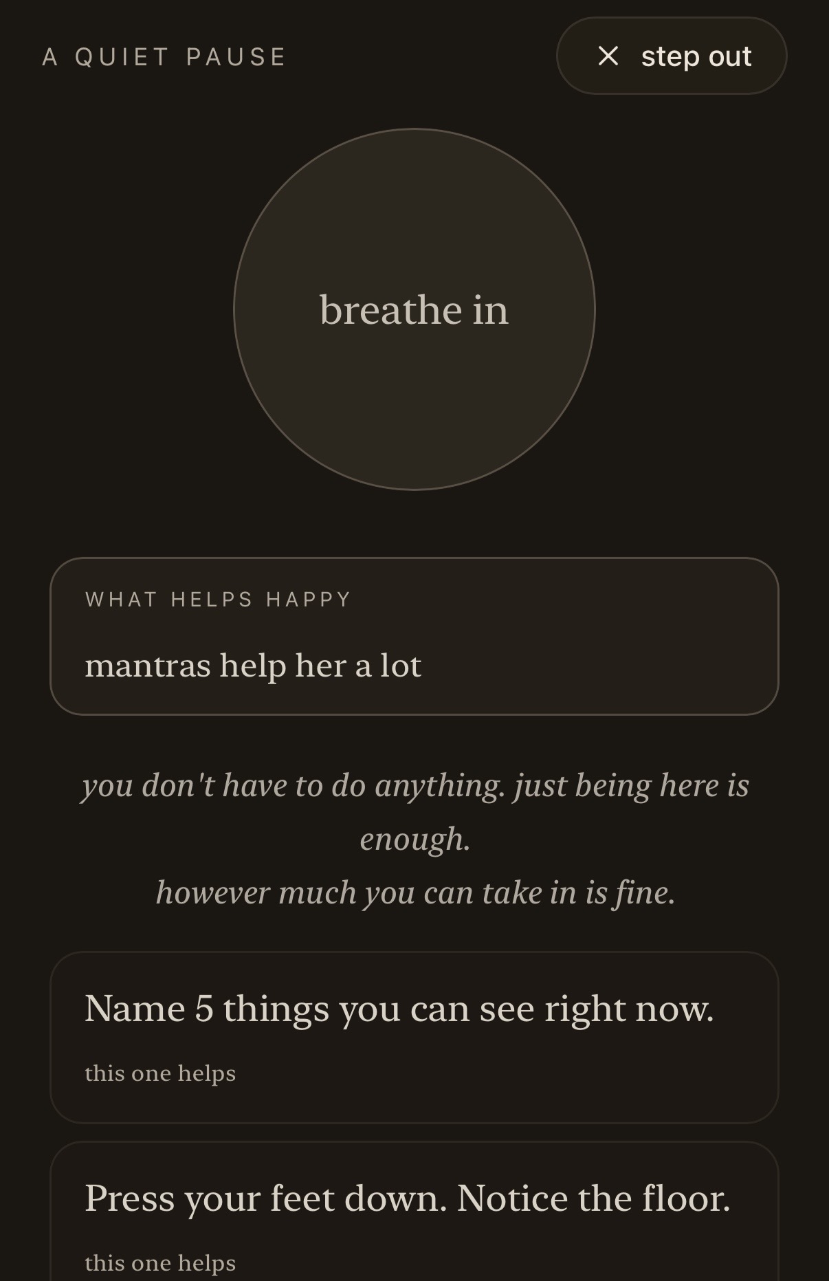 The grounding overlay with a breath circle and prompts.