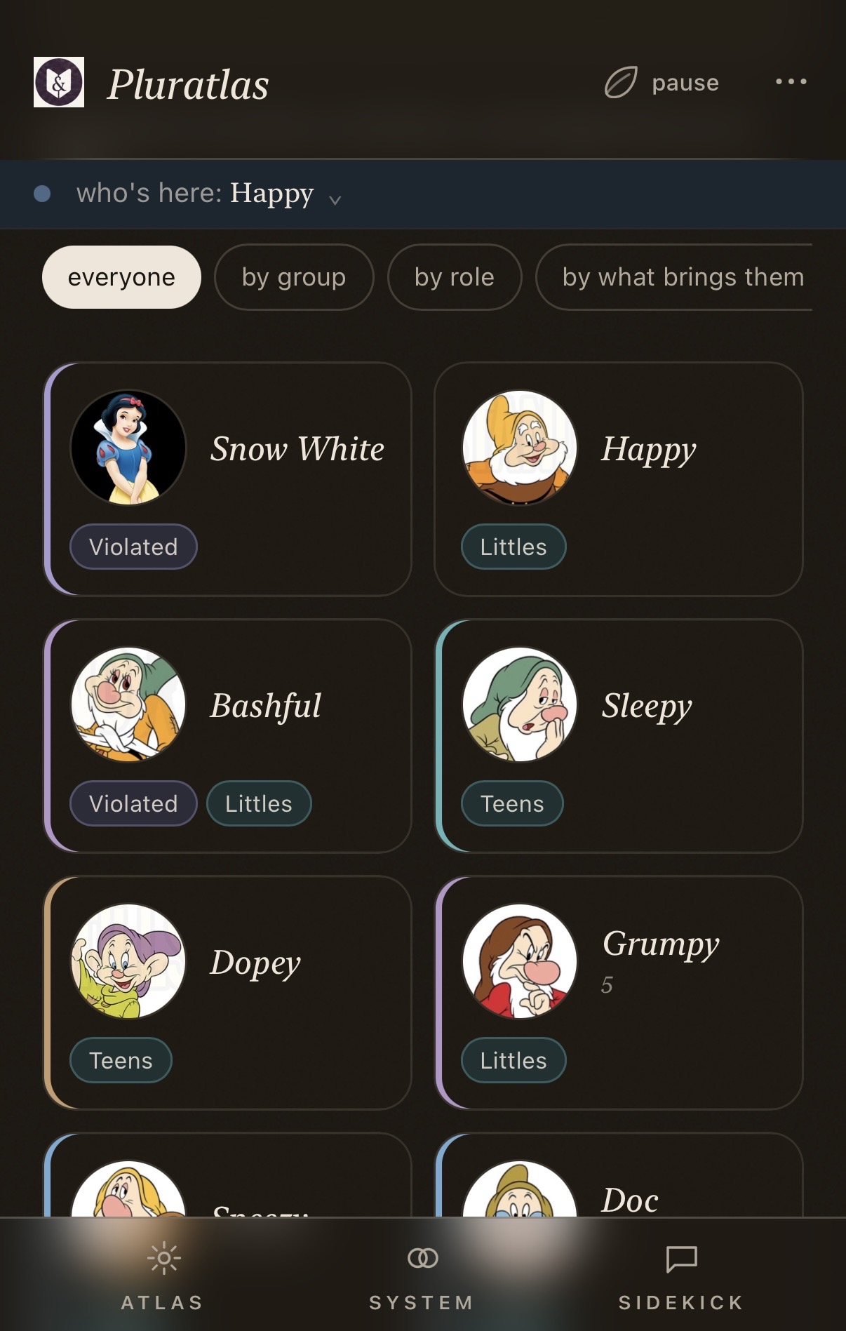 A list of system members with their groups.